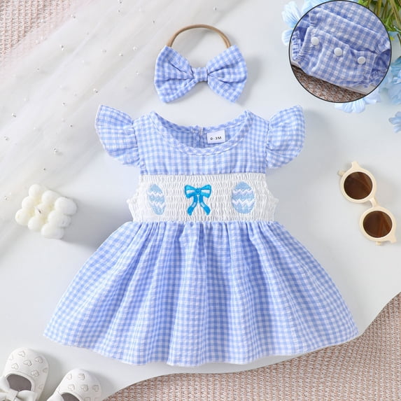Easter Outfit for Baby Girl Short Sleeve Bunny Embroidered Bodysuit Girls Romper Dress and and Headband Set Summer Outfit Baby Girl 6-12 Months Outfits