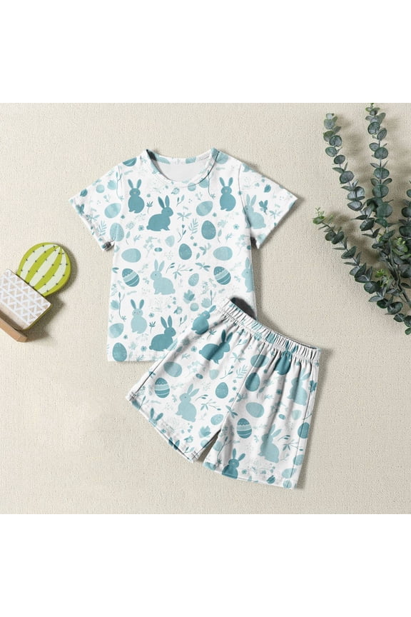 Easter Outfit Set 2 Piece for Boys Girls Bunny Print Short Sleeve T-Shirt and Shorts Set Baby Kids Summer Soft Loungewear Clothes Set White 3-4 Y