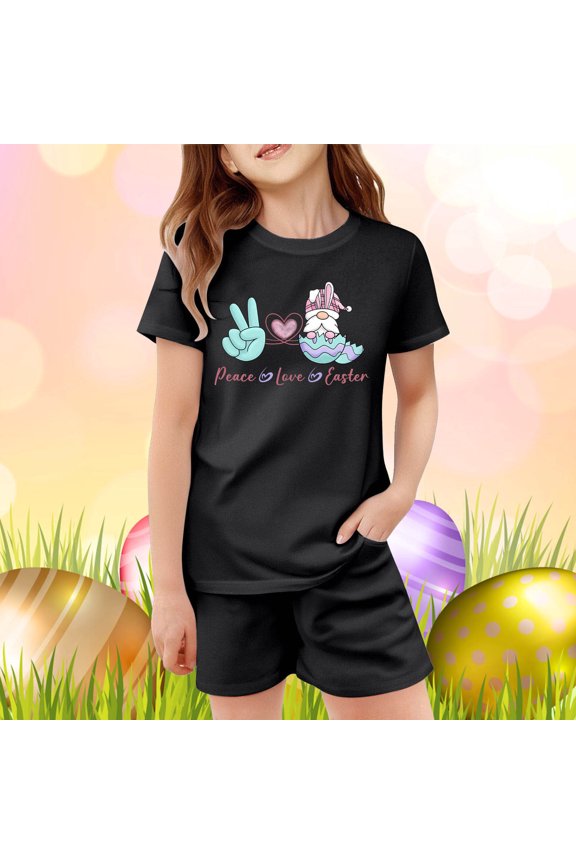 Easter Outfit Set Two Piece for Girls Bunny Print Short Sleeve T-Shirt and Shorts Set Kids Holiday Soft Loungewear Clothes Set Black 7-8 Y
