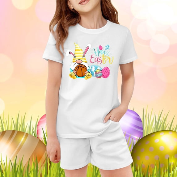 Easter Outfit Set Two Piece for Girls Bunny Print Short Sleeve T-Shirt and Shorts Set Kids Holiday Soft Loungewear Clothes Set White 9-10 Y