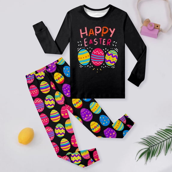 Easter Outfit Sets for Boys Girl Bunny Print Long Sleeve Top And Pant Pj Set Kids Loungewear Soft Two Piece Nightwear Sets Black 2-3 Y