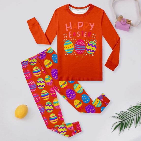 Easter Outfit for Boys Girl Set Easter Bunny Print Long Sleeve Top And Pant Pj Set Kids Sleepwear Soft 2 Piece Holiday Nightwear Sets Orange 6-7 Y