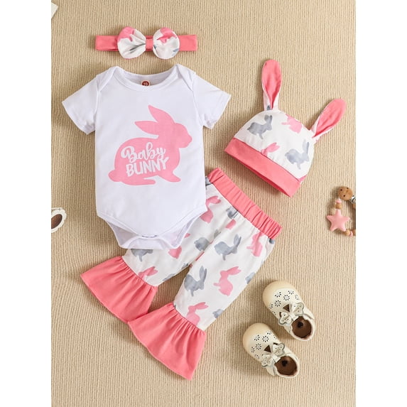 Easter Outfits Baby Boys Girls Summer Short Sleeve Round Neck Bunny Print Romper Tops+Bunny Print Pants+Headband+hat Suit (White, 3-6 Months)