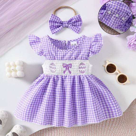 Easter Outfits for Baby Girls Short Sleeve Bunny Embroidered Bodysuit Girls Romper Dress and and Headband Set Summer Outfit 3-6 Months Girl Clothes