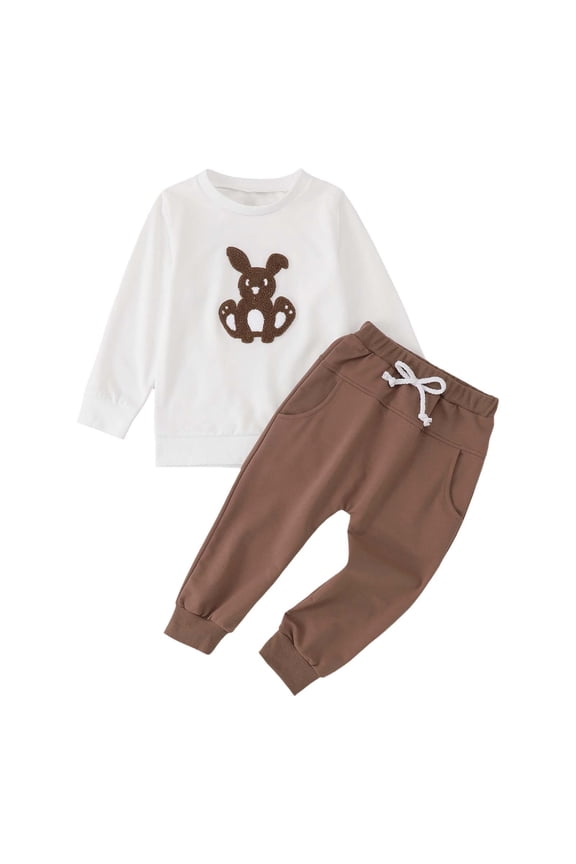 Easter Outfits for Girls Easter Boy's Spring and Autumn Baby Rabbit Wool Embroidered Long Sleeved Hoodie and Trousers Two Piece Set Boy Easter Outfit White 12 Months-18 Months