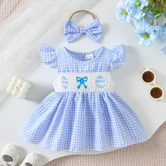 Easter Outfits for Girls Easter Egg and Bow Embroider Ruffled Sleeve Tutu Romper Dress with Headband Baby Girl Spring Outfits for Baby Girl 6-12 Months