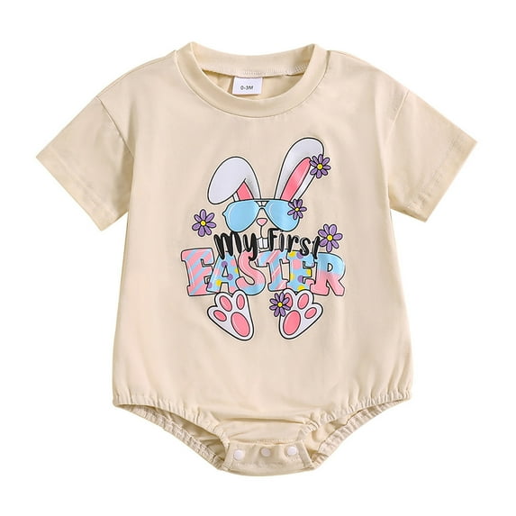 Easter Outfits for Girls Baby Boys Girls Short Sleeve Easter Letter Prints Romper Kids Jumpsuit My First Easter Beige 6 Months-12 Months