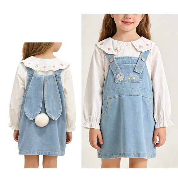 Easter Outfits Girls Long Sleeve Top and Denim Overall Dress 2 Peice Summer Outfit Set Dress up Party Outfit Girls Clothes 130