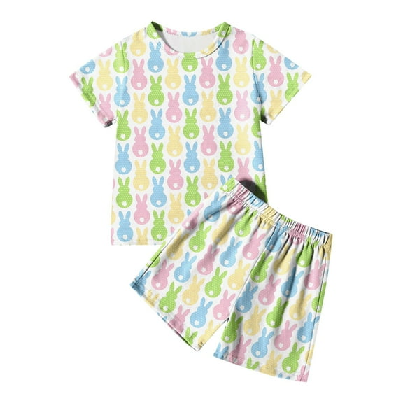 Easter Toddler Boy Outfit Short Sleeves Funny Bunny Suit Easter Egg Shirt Roller Rabbit Pajamas Casual Crewneck Pullover Tops Pants 2 PC Kids Clothes Yellow 2-3 Years