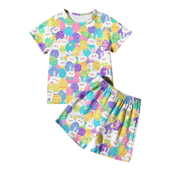 Easter Outfits for Toddler Boy 4T-5T Short Sleeves Funny Bunny Suit Cute Cartoon Graphic Tees Shirts Soft and Comfortable Pullover Tops Pants 2 PC Kids Clothes Z09-Yellow 5-6 Years