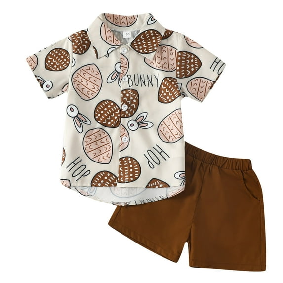 Easter Outfits for Toddler Boys Short Sleeve Funny Bunny Suit Easter Egg Shirt Holyweek Shirts Casual Round Neck Tops and Short Pants 2 PC Sets Children Clothing Brown 3-4 Years
