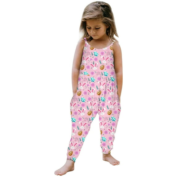 Easter Outfits for Toddler Girl 2T Pajamas Set Easter Bunny Print Romper Suspenders Jumpsuit Haren Pants Cute Cartoon Sleepwear Outfit Z06-Pink 3-4 Years