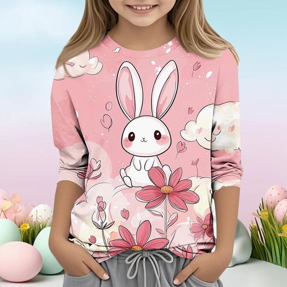 Easter Outfits for Girls 3/4 Sleeve Easter Day Print Bunny Egg Round Neck Bottom Shirt Kids 3-13Y Multicolor 7-8 Years