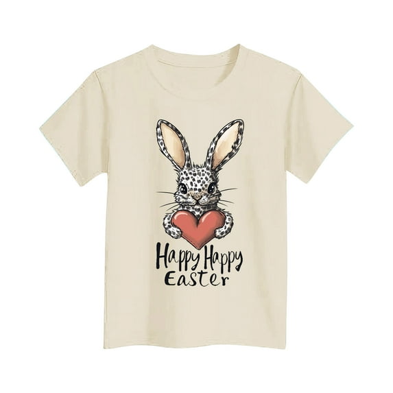 Easter Outfits for Girls Cotton Short Sleeve T-shirts Cute Rabbit Printed Graphic Tees Kids Tween 3-16 Years (13-14 Years, Beige)