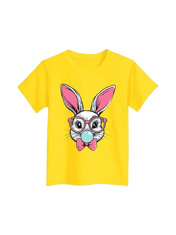 Easter Outfits for Girls Cotton Short Sleeve T-shirts Cute Rabbit Printed Graphic Tees Kids Tween 3-16 Years (3-4 Years, Yellow 01)