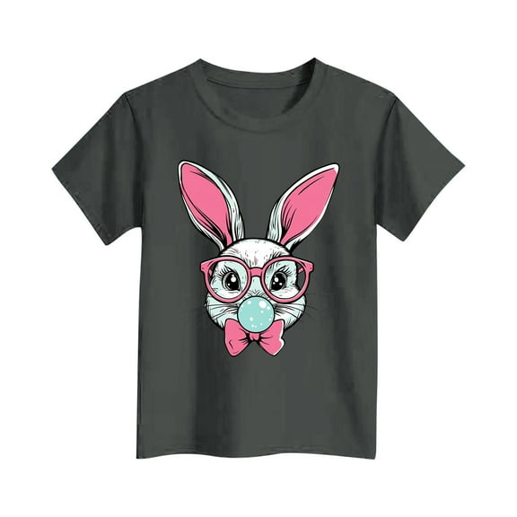 Easter Outfits for Girls Cotton Short Sleeve T-shirts Cute Rabbit Printed Graphic Tees Kids Tween 3-16 Years (5-6 Years, Gray 01)