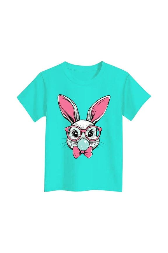 Easter Outfits for Girls Cotton Short Sleeve T-shirts Cute Rabbit Printed Graphic Tees Kids Tween 3-16 Years (7-8 Years, Sky Blue 01)