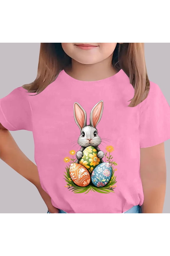Easter Outfits for Girls Easter Bunny Egg Printed Round Neck Short Sleeved Casual Kids T-shirt 3-15Y Pink 7-8 Years