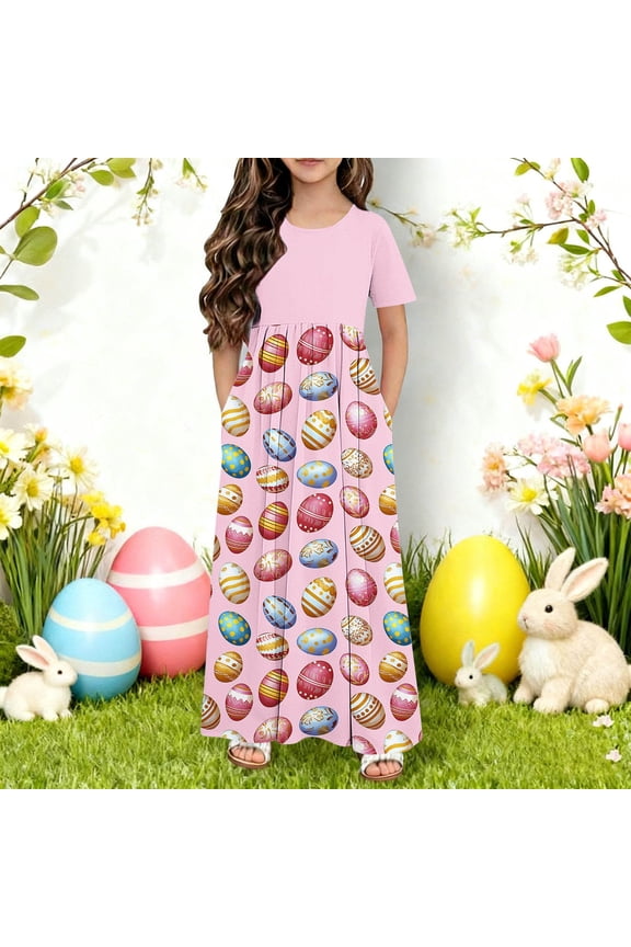 Easter Outfits for Girls Easter Bunny Egg Printed Short Sleeved Dress Printed Double Pocket Dress Casual Long Skirt 4-14Y Pink 7-8 Years