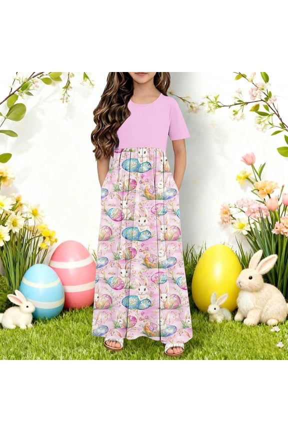 Easter Outfits for Girls Easter Bunny Egg Printed Short Sleeved Dress Printed Double Pocket Dress Casual Long Skirt 4-14Y Purple 13-14 Years