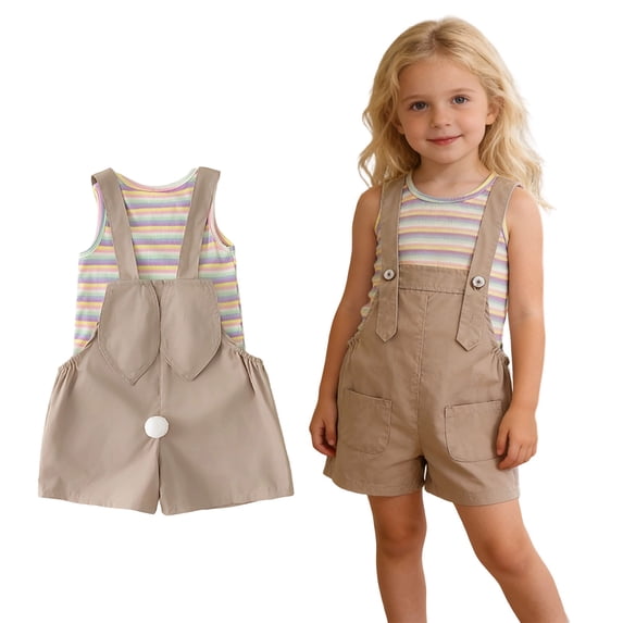 Easter Outfits for Girls Sleeveless Striped Tank Top and Overalls 2 Peice Summer Outfit Set Dress up Party Outfit 5-6 Years Girl Clothes