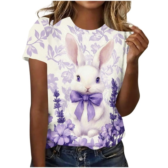 Easter Outfits for Women Round Neck Short Sleeve T-Shirt Cute Easter Bunny Shirts Loose Fit Casual Tops Plus Size Summer Graphic Tees
