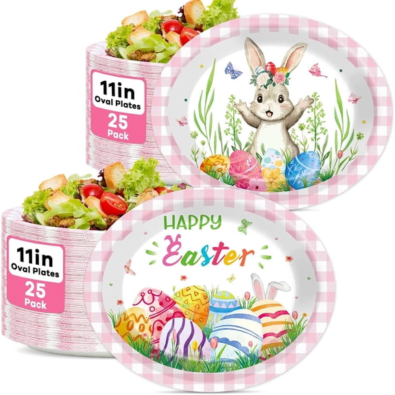 Easter Oval Party Plates Bunny Egg Paper Plates Tableware Pink Plaid Serving Dish Trays Platters for Spring Wedding Birthday Party Table Decor Supplies