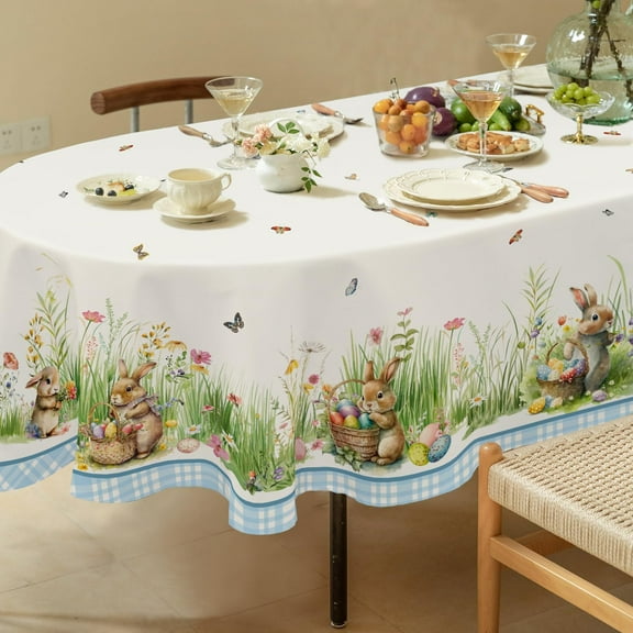 Easter Oval Tablecloth Easter Table Cloth Bunny Floral Easter Eggs Oval Tablecloths Stain-Resistant Wrinkle Free Polyester Fabric Table Cover for Easter Decoration 60x120 Inch
