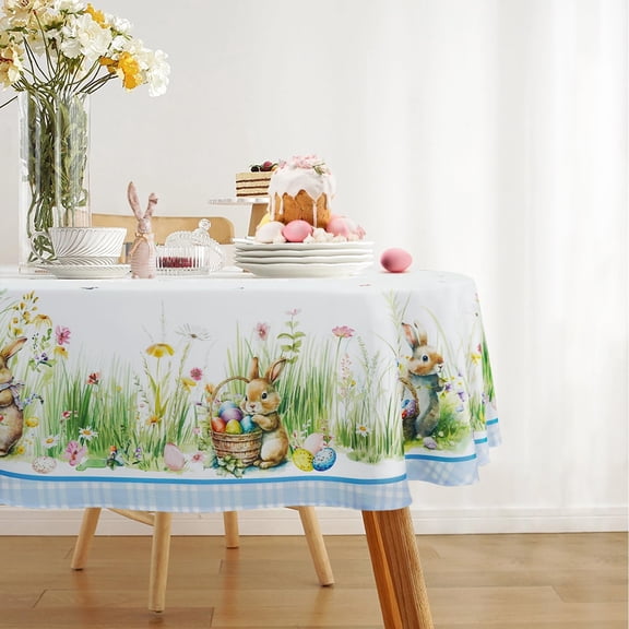Easter Oval Tablecloth Easter Table Cloth Bunny Floral Easter Eggs Oval Tablecloths Stain-Resistant Wrinkle Free Polyester Fabric Table Cover for Easter Decoration 60x120 Inch