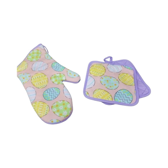Easter Oven Mitt and Potholders Set of 3, Heat-Resistant Kitchen Linens, Purple Trim with Pastel Egg Print, Holiday Cooking & Baking Essentials