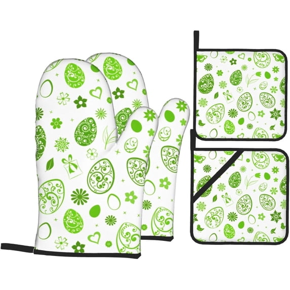 Easter Oven Mitts and Pot Holders 4 Pcs Sets for Kitchen, Cooking Gloves Heat Resistant Oven Mitt Gloves Non Slip Potholders BBQ Gloves for Grilling, Baking, BBQ