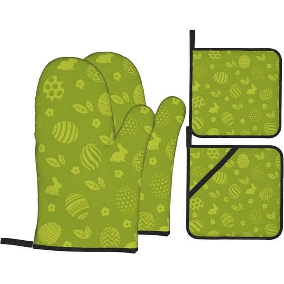 Easter Oven Mitts and Pot Holders 4 Pcs Sets for Kitchen, Cooking Gloves Heat Resistant Oven Mitt Gloves Non Slip Potholders BBQ Gloves for Grilling, Baking