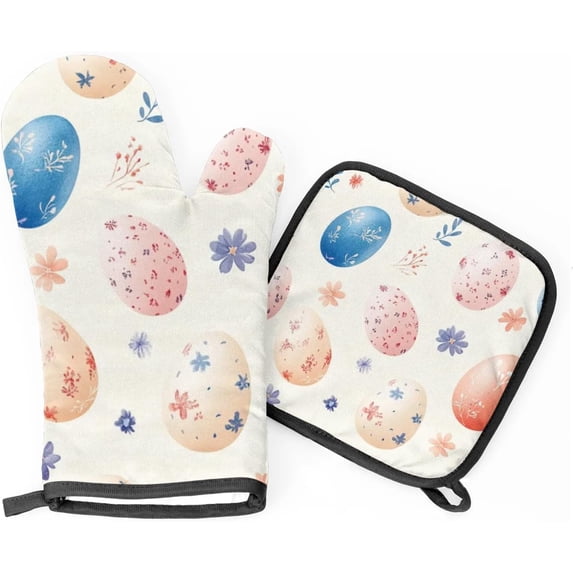 Easter Oven Mitts and Pot Holders Set of 2, Easter Eggs Spring Colorful Heat Resistant Oven Mitts Kitchen Oven Glove for Cooking, Baking