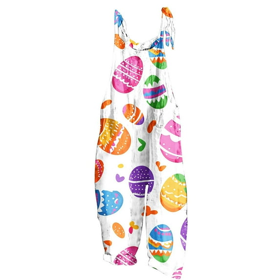 Easter Overalls for Women Casual Loose Fit Adjustable Strap Graphic printed Wide Leg Jumpsuits Clothes (S, Multicolor)