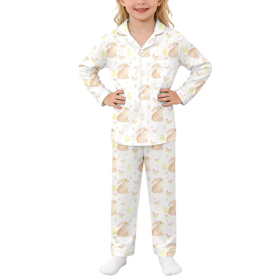 Easter Pajamas Girls Satin Pajama Set Long Sleeve Cute Print Button down Nightwear Lounge Sets Pajamas for Kids 6-7 Years