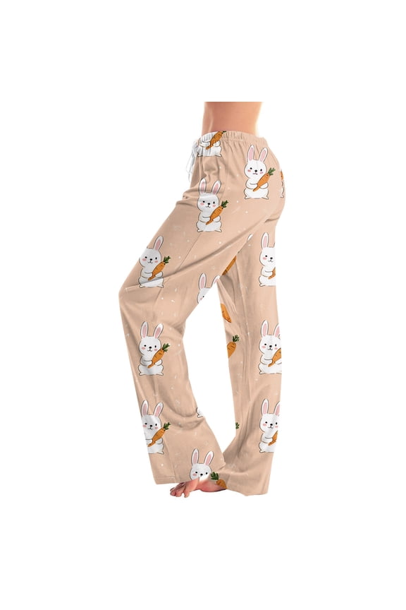 Easter Pajamas Pants Men Stretch Waist Drawstring Trendy Pjs Cute Rabbit Print Baggy Wide Leg Pants (Pink,S)