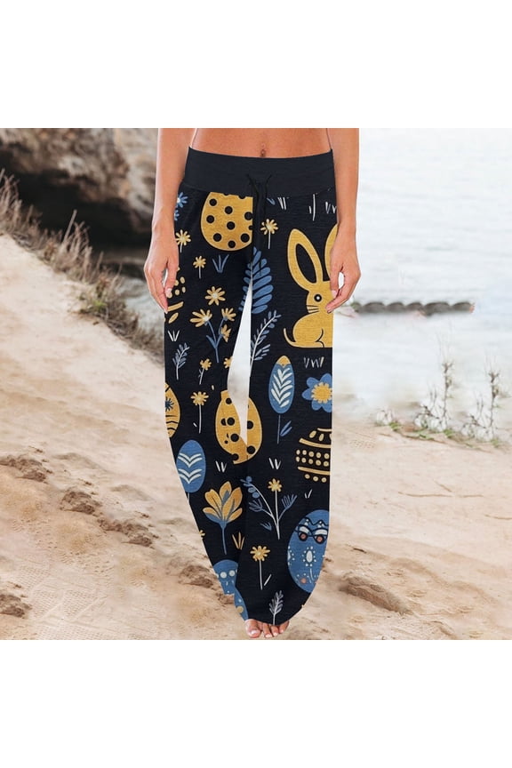 Easter Pajamas Pants Men Stretch Waist Wide Leg Trendy Pjs Funny Bunny Print Comfy Drawstring Pants (Dark Blue,L)