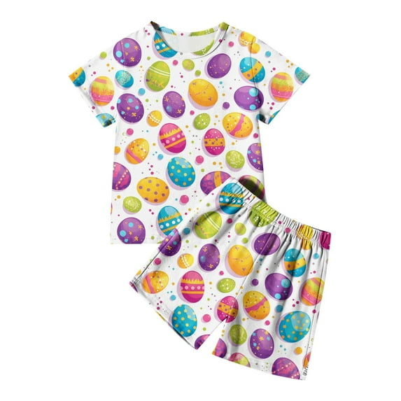 Easter Pajamas Set Cartoon Printed Crew Neck Short Sleeve T Shirt Short Pants Trendy Baby 2 Piece Pajama Set,Orange,2-3 Years