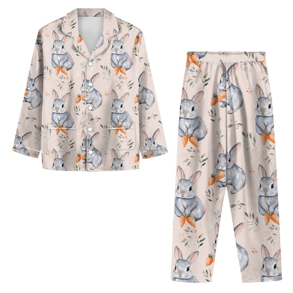Easter Pajamas Sets for Women Button Down Pj Set Cute Bunny Print Nightwear Soft Pj Lounge Sets
