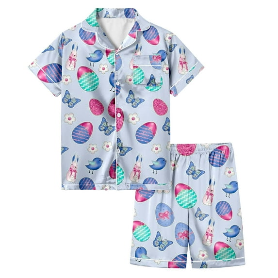Easter Pajamas Toddler Girl Size 10 Egg Button Up Shorts Satin Pajamas Set Pulloverr Sleepwear Set Trendy Fashion Cothes #Z01 Light Purple 12-13 Years