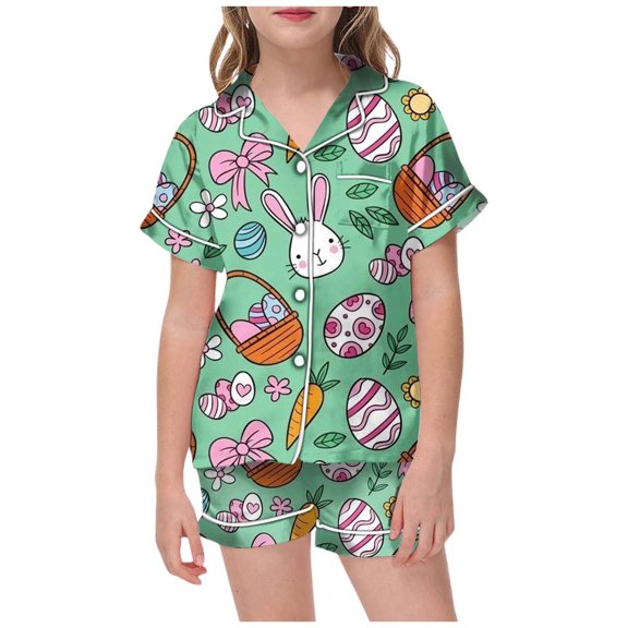 Easter Pajamas for Toddler Girls Loose Cartoon Animals Short Sleeve Shirt Tops   Shorts Pants Button Down Pjs Happy Easter 2-Piece Sleepwear Pjs for Kids 6-7 Years
