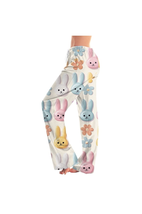 Easter Pajamas Women Drawstring Stretch Waist Casual Sleepwear Funny Easter Egg Print Soft Wide Leg Pants (Beige,2XL)
