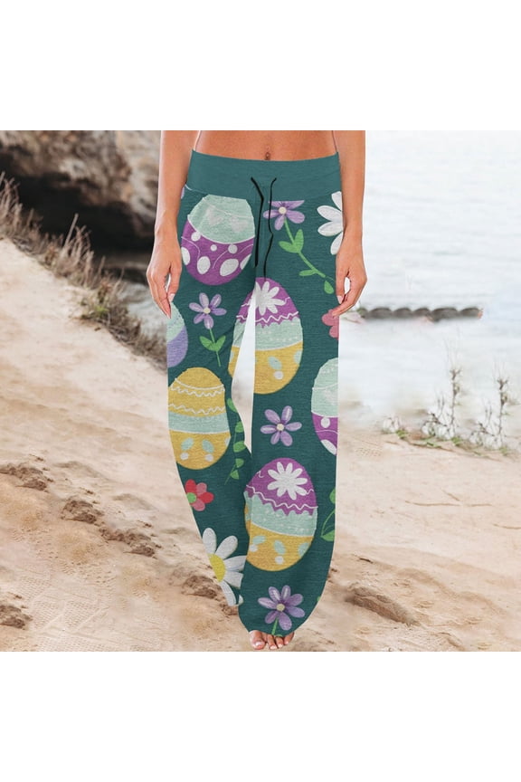 Easter Pajamas Women Stretch Waist Wide Leg Lounge Pjs Funny Bunny Print Soft Drawstring Pants (Dark Green,S)