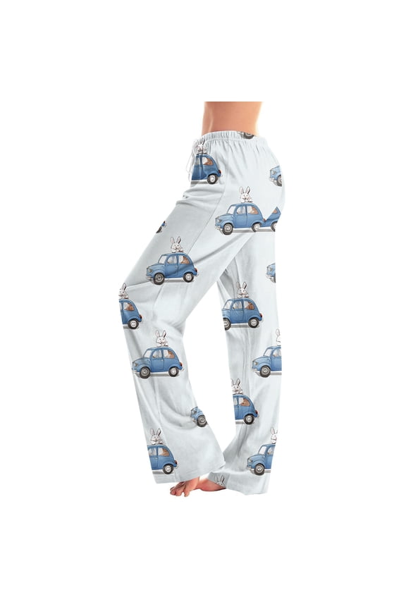 Easter Pajamas Women Stretch Waist Wide Leg Lounge Pjs Funny Rabbit Print Baggy Drawstring Pants (Cyan,2XL)