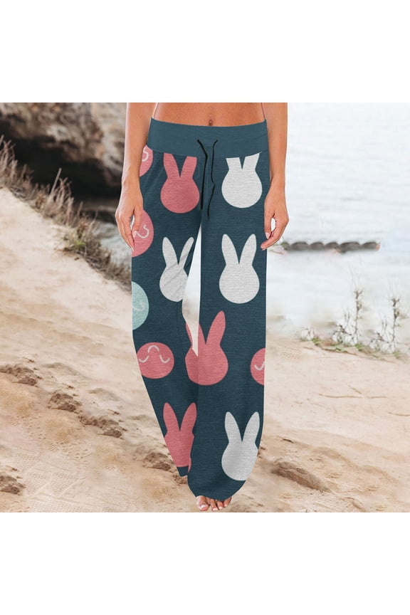 Easter Pajamas Women Wide Leg Drawstring Trendy Sleepwear Funny Rabbit Print Comfy Stretch Waist Pants (Navy,3XL)