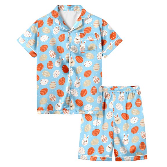 Easter Pajamas for Baby Girls Short Sleeve Top Cartoon Bunny Cute Button Down 2 Piece Satin Pajama Sets Blue,3-4Y