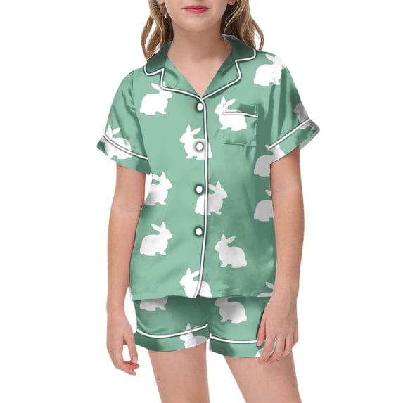 Easter Pajamas for Kids Girls Cartoon Rabbit Short Sleeve Top Loose Button Down 2 Piece Pjs for Girls Kids Green,10-11 Years