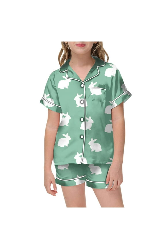 Easter Pajamas for Kids Girls Cartoon Rabbit Short Sleeve Top Loose Button Down 2 Piece Pjs for Girls Kids Green,10-11 Years