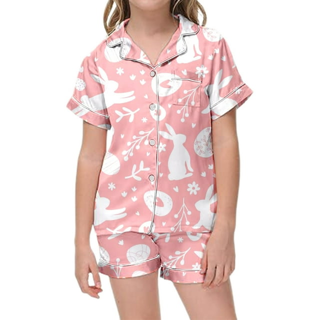 Easter Pajamas for Kids Girls Cartoon Rabbit Short Sleeved Breathable Button Down 2-Piece Sleepwear Pjs for Kids Pink,8-9 Years