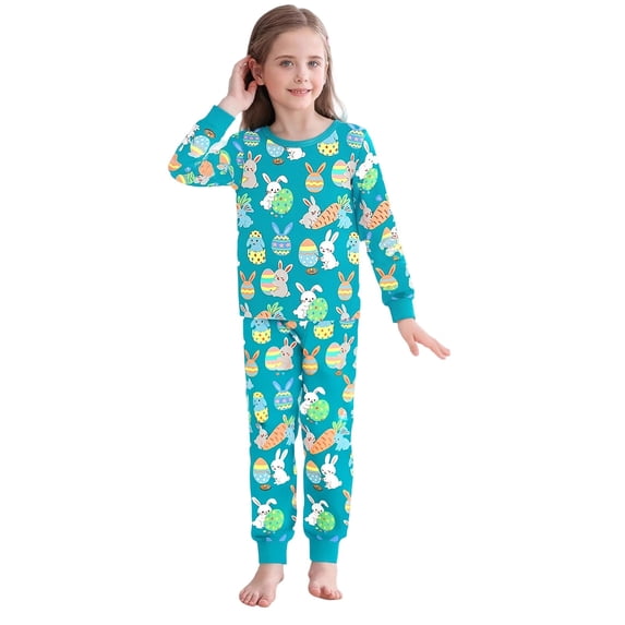 Easter Pajamas for Kids Long Sleeve Crewneck Cute Print Nightwear Loungewear Set Girl Pjs Size 9-10 Years